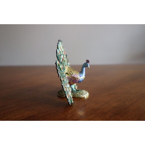 Vintage Rucinni Swarovski Crystal Accented Peacock Hinged Trinket Box SIGNED - Picture 3 of 12